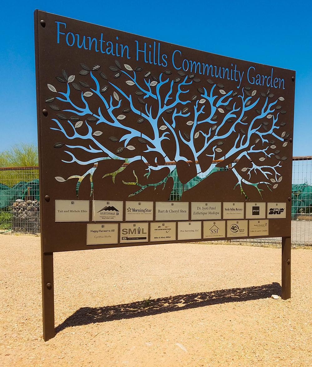 beautiful custom signage we designed for fountain hills community garden near Phoenix AZ